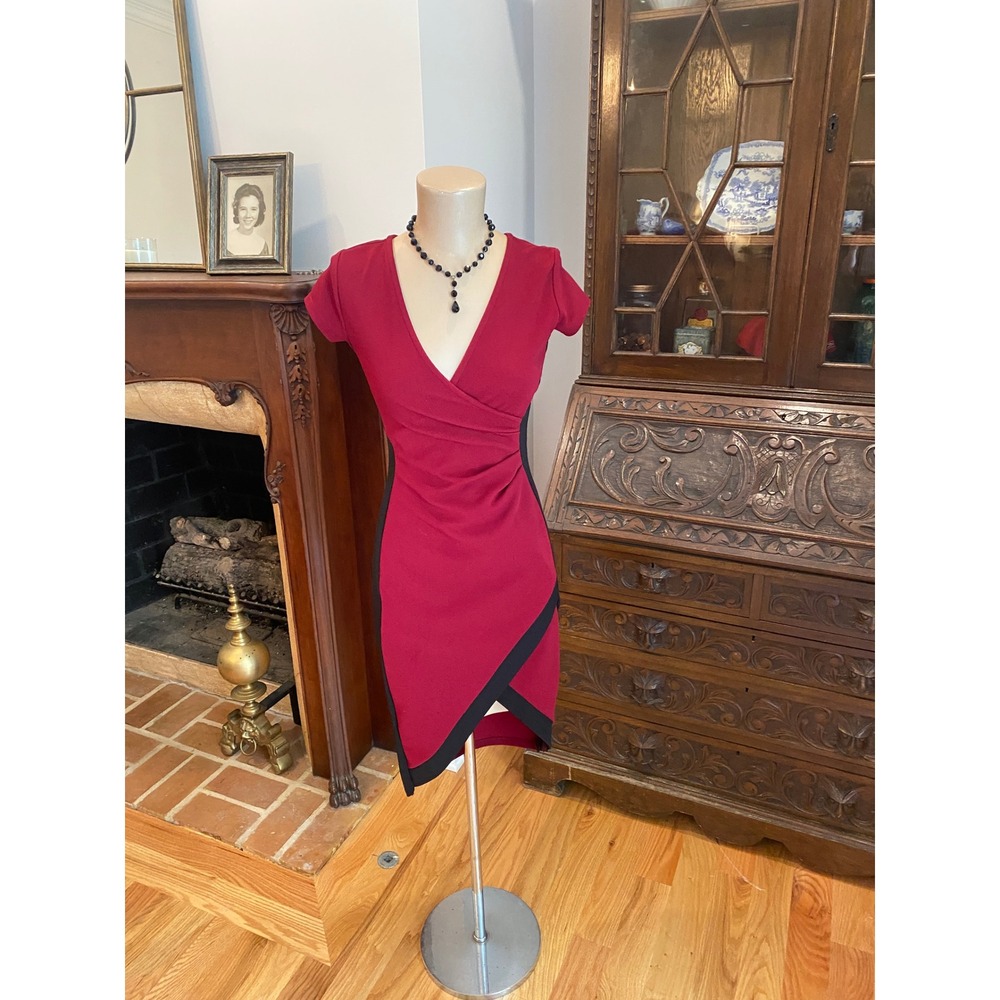 Dont You Dare Womens Burgundy Red Black Contrast Ruched Wrap Bodycon Dress S